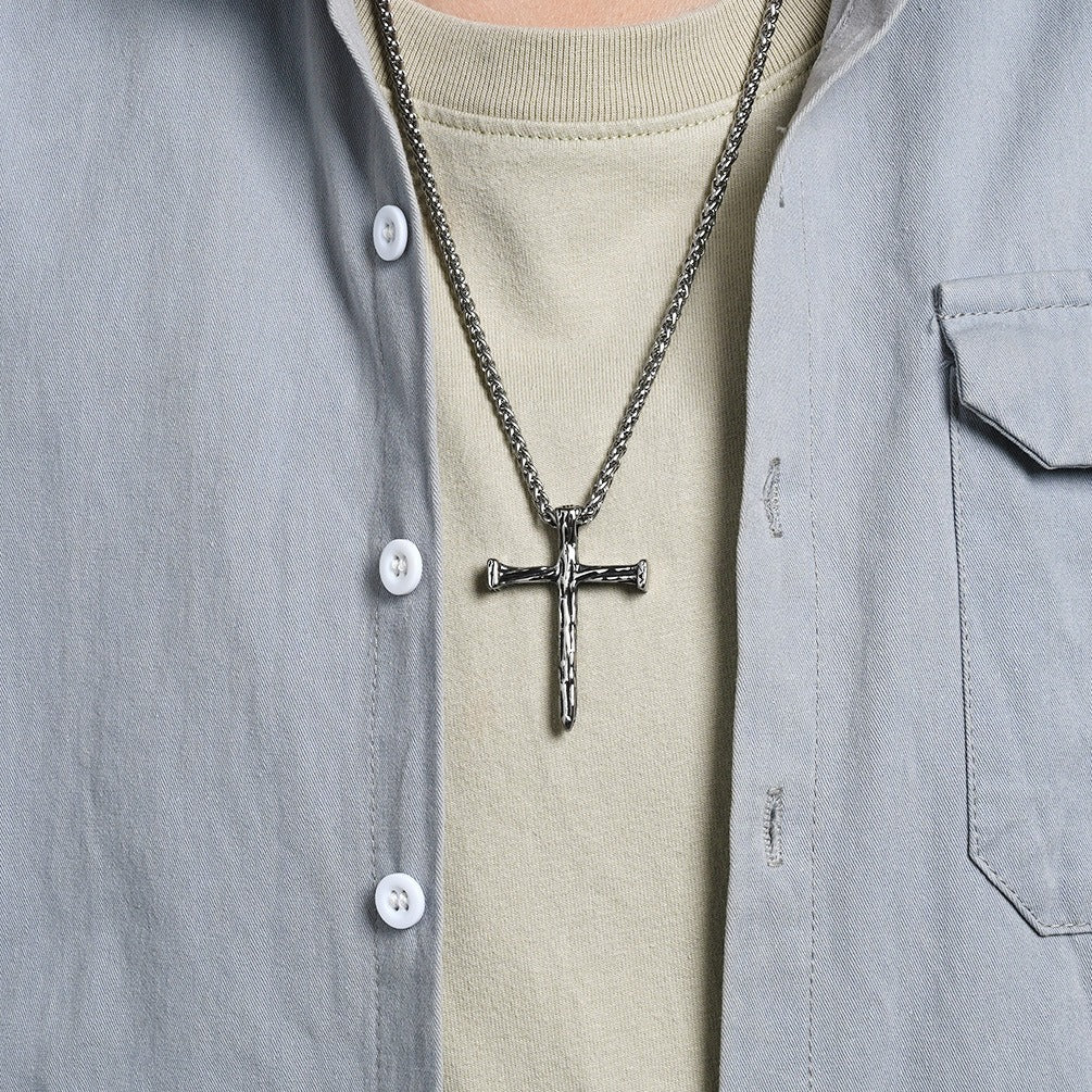 Kemstone Titanium Steel Hammered Cross Necklace – Vintage Faith Pendant for Men Jewelry K-PT662