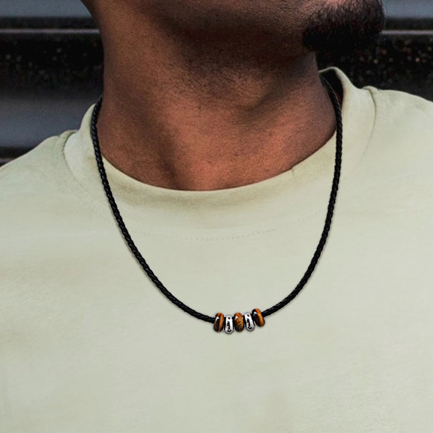Kemstone Men’s PU Leather Necklace – Black Cord with Tiger Eye & Stainless Steel Beads NC-2405