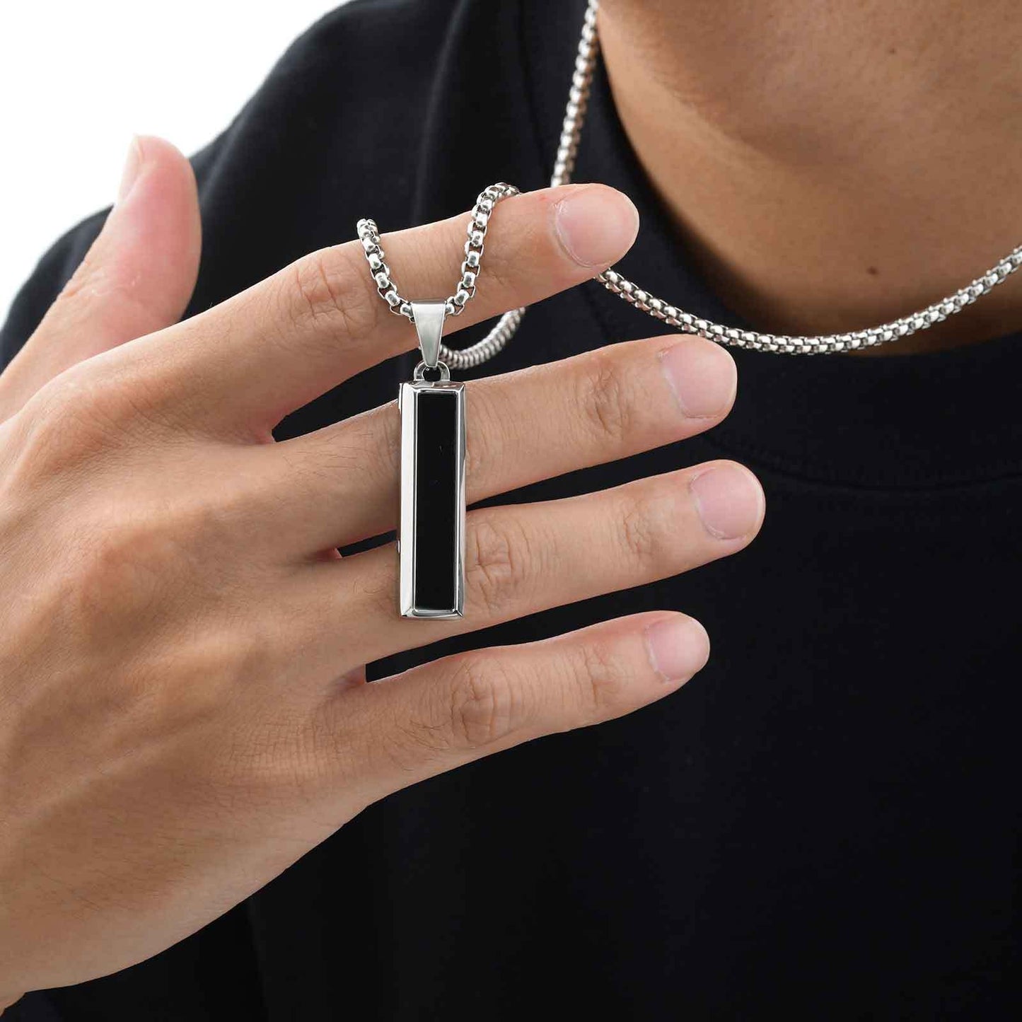Kemstone Stainless Steel Geometric Bar Pendant Necklace for Men with Onyx or Turquoise PN-2221