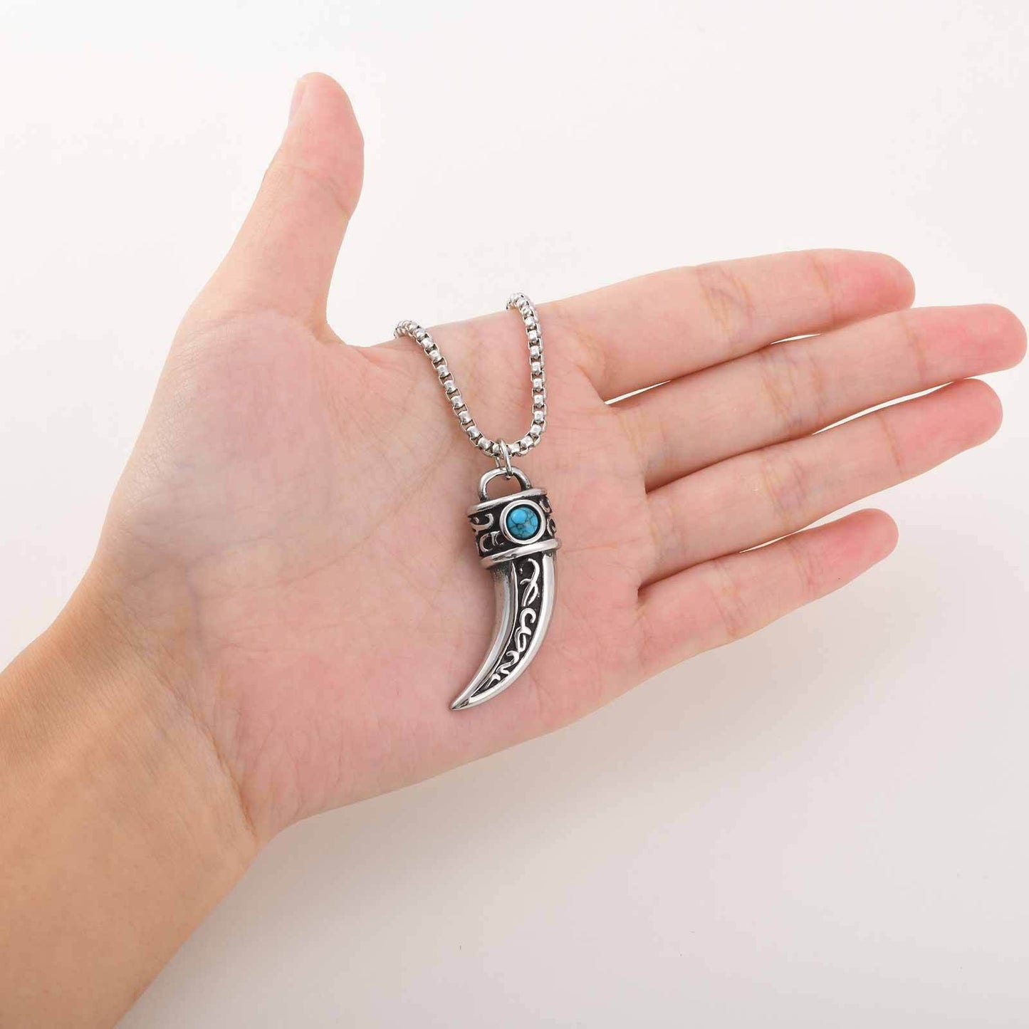 Kemstone Stainless Steel Horn Pendant Necklace – Vintage Turquoise Tribal Design for Men PN-2233