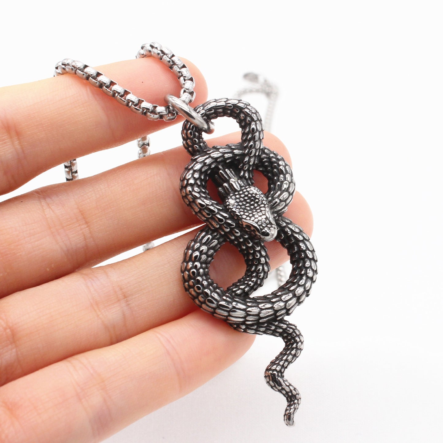 Kemstone Men’s Stainless Steel Snake Necklace – Vintage Silver Pendant P1497