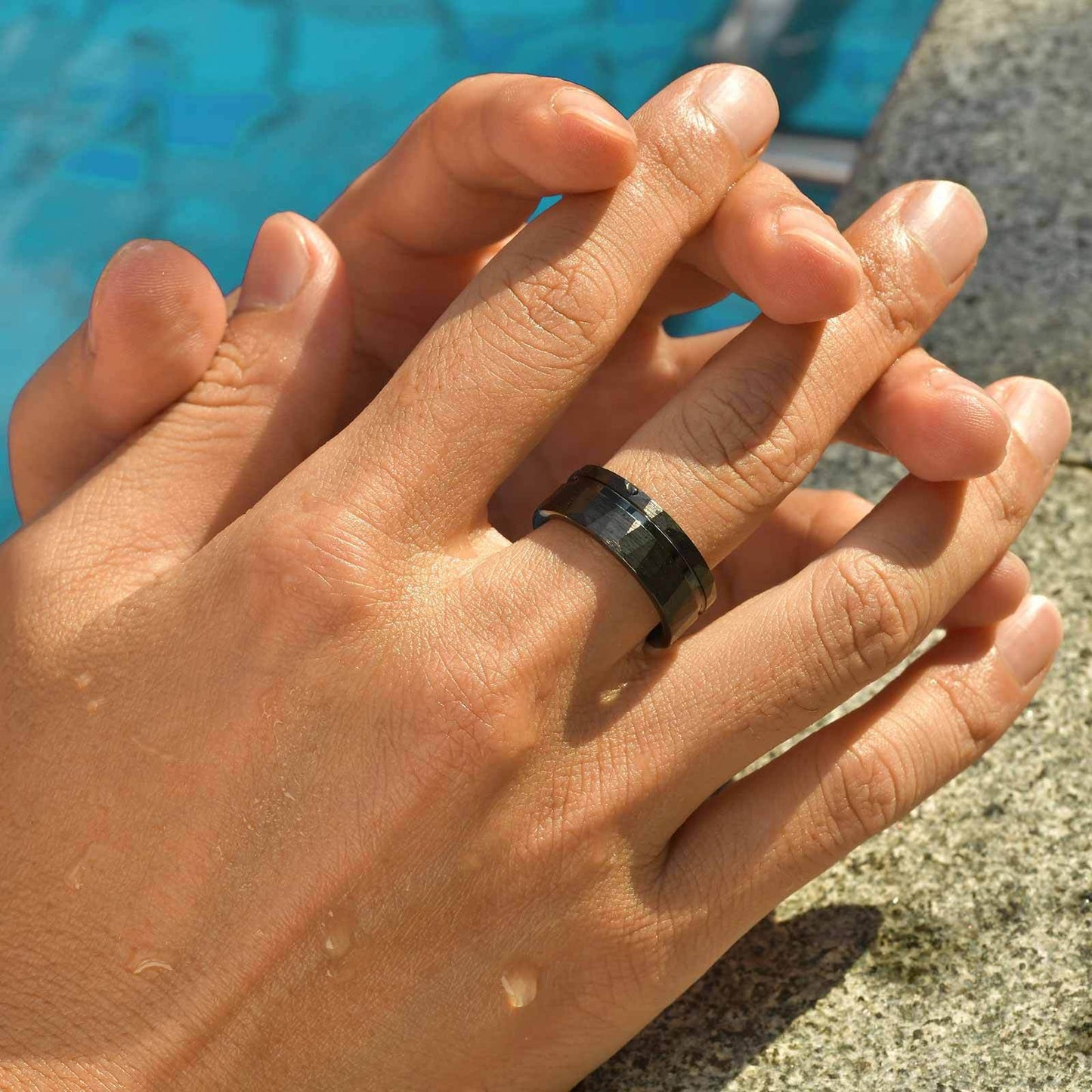 Kemstone Tungsten Carbide Hammered Ring – 8mm Black Brushed Band for Men TCR-104