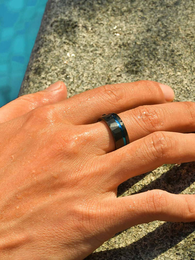 Kemstone Tungsten Carbide Hammered Ring – 8mm Black Brushed Band for Men TCR-104