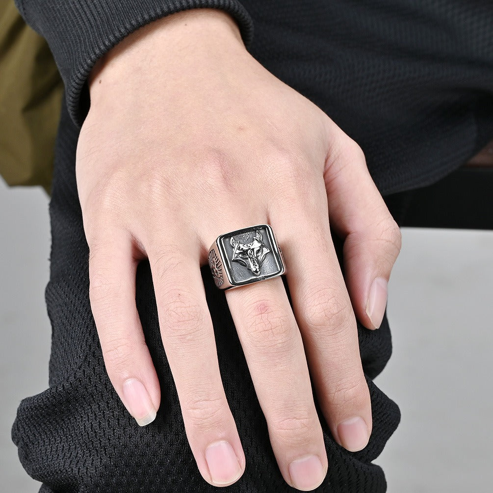 Kemstone Stainless Steel Viking Wolf Head Ring for Men - Triangular Eternity Knot Design K-R717