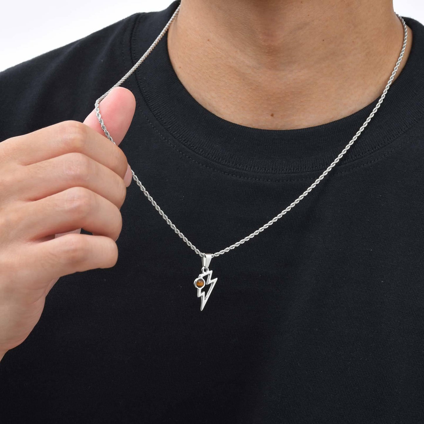 Kemstone Men’s Stainless Steel Lightning Pendant Necklace – Natural Stone Jewelry PN-2202