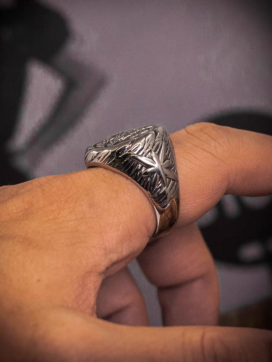 Kemstone Men’s Spiral Star Ring – Titanium Steel Wide Band, Vintage Street Style Jewelry NW-JZ120