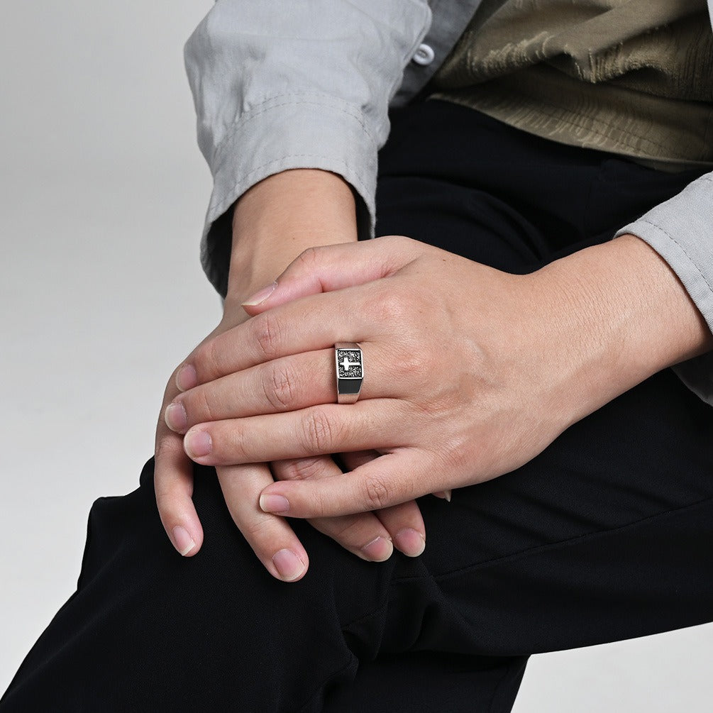 Kemstone Men’s Titanium Steel Cross Signet Ring – Silver, Gold, Black K-R1047