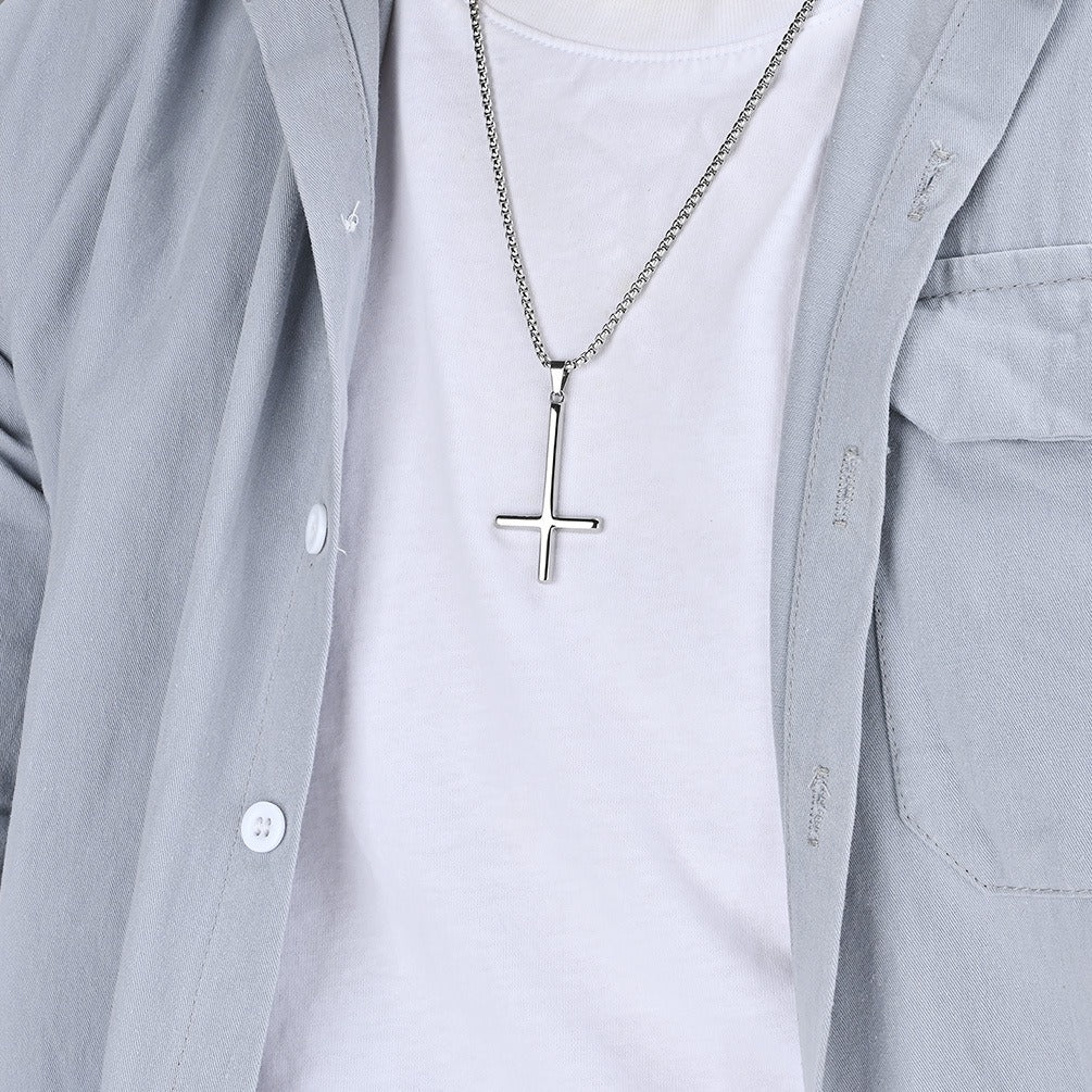 Kemstone Men’s Titanium Steel Inverted Cross Necklace – Gothic Pendant Silver/Gold/Black K-PT446
