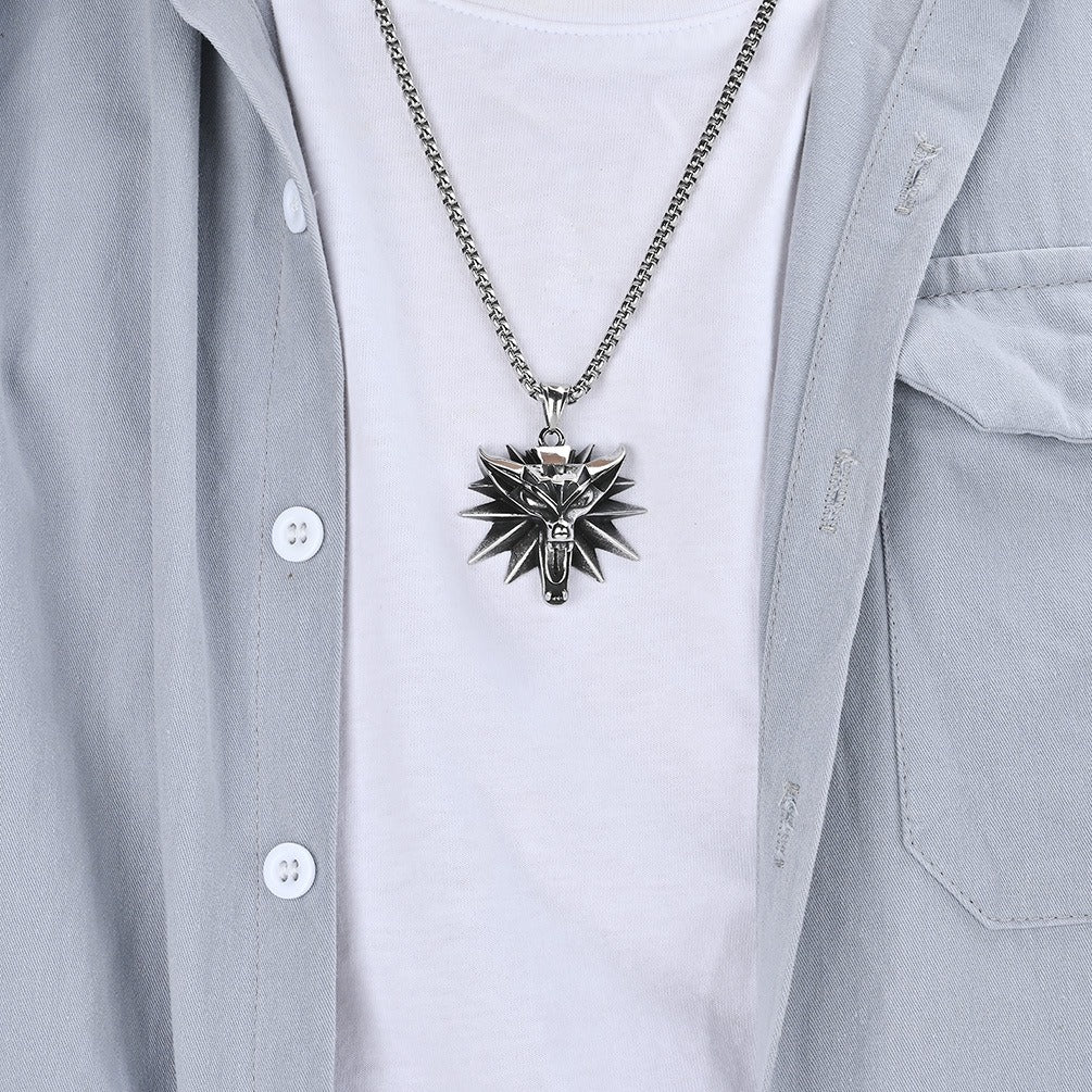 Kemstone Men’s Titanium Steel Wolf Head Pendant Necklace – Witcher Inspired K-PT552