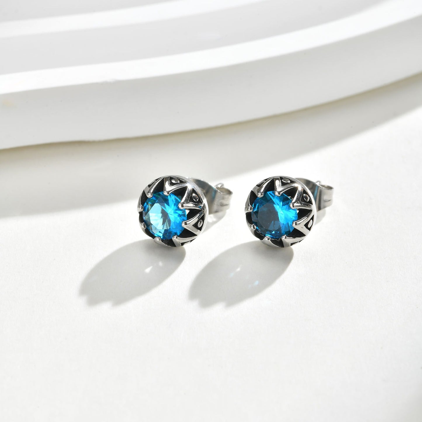 Kemstone Titanium Steel Stud Earrings - Blue Zircon Punk Crown for Men & Women ES-736