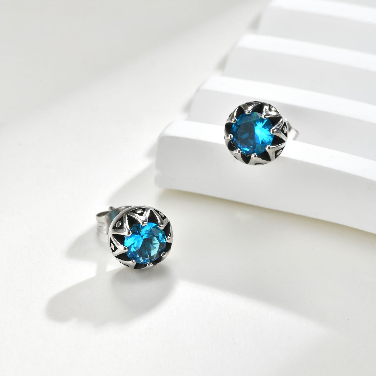 Kemstone Titanium Steel Stud Earrings - Blue Zircon Punk Crown for Men & Women ES-736