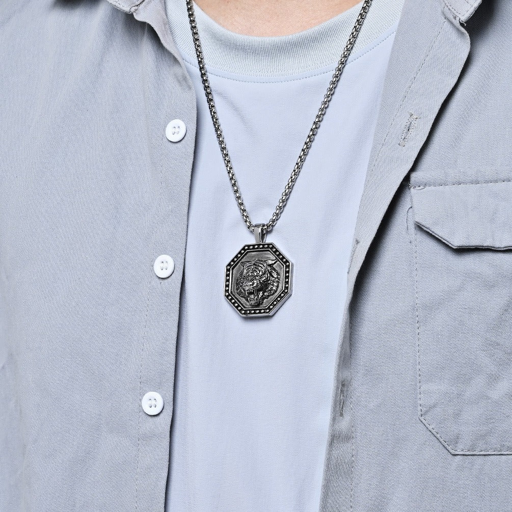 Kemstone Stainless Steel Tiger Head Pendant Necklace for Men – Octagonal Vintage Design K-PT572