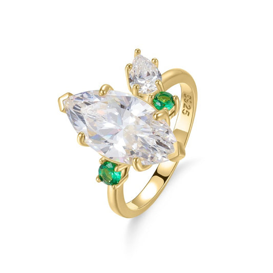 Kemstone 3-Carat Marquise Moissanite Ring – Asymmetric Design, 925 Sterling Silver Gold Plated T7-OL1143R