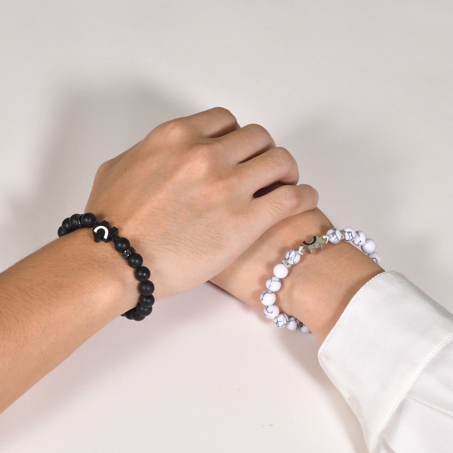 Kemstone Adjustable Half Heart Puzzle Beaded Bracelet Set for Men & Women – Black Onyx & White Howlite CB-175