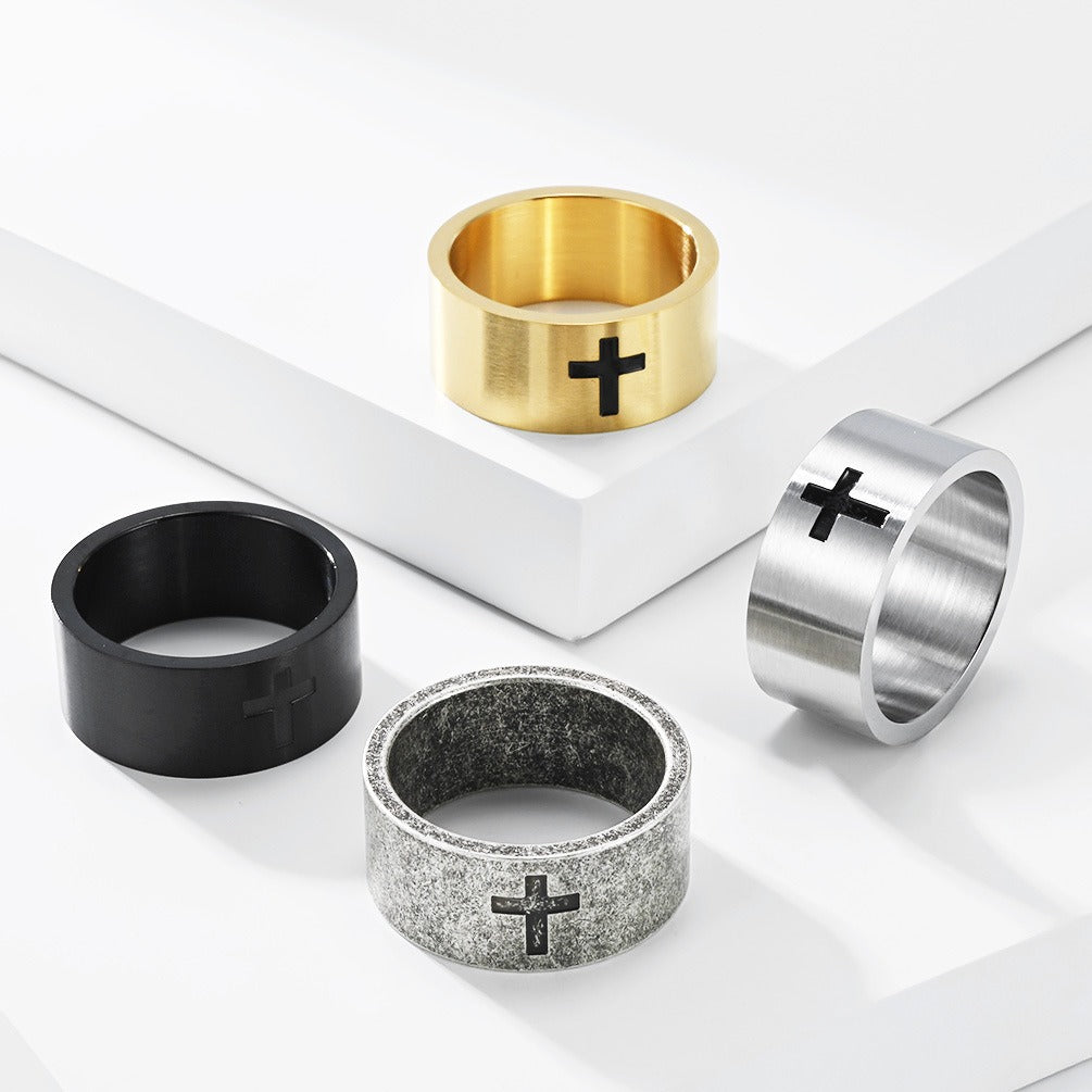 Kemstone Matte Cross Ring for Men Stainless Steel 10MM Wide Band Vintage K-R1209