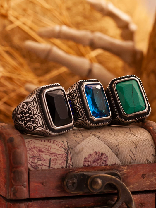 Kemstone Emerald Valor Titanium Steel Men’s Ring – Medieval Green Stone with Zirconia Accents