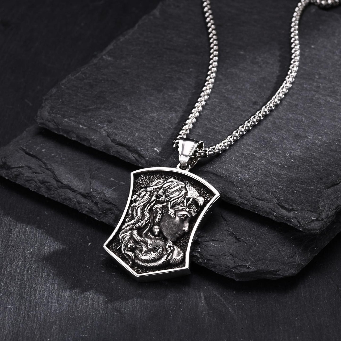Kemstone Men’s Stainless Steel Medusa Pendant Necklace – Dark Relief Design PN-2021