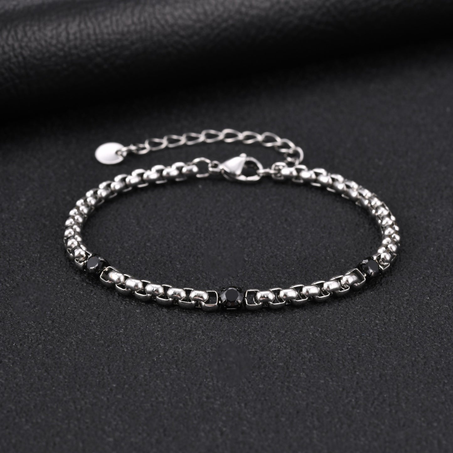Kemston Stainless Steel Black Cubic Zirconia Beaded Chain Bracelet for Men Street Style BR-3103
