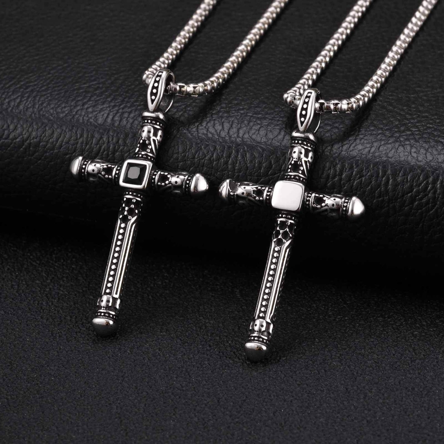 Kemston Cross Necklace for Men Black Cubic Zirconia Vintage Engraved Stainless Steel Pendant PN-2411
