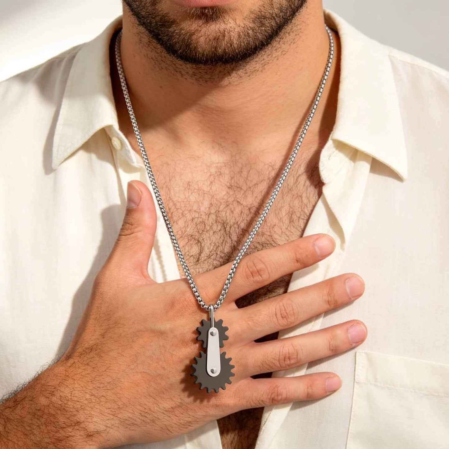 Kemston Stainless Steel Dual Gear Pendant Necklace for Men Mechanical Street PN-2408
