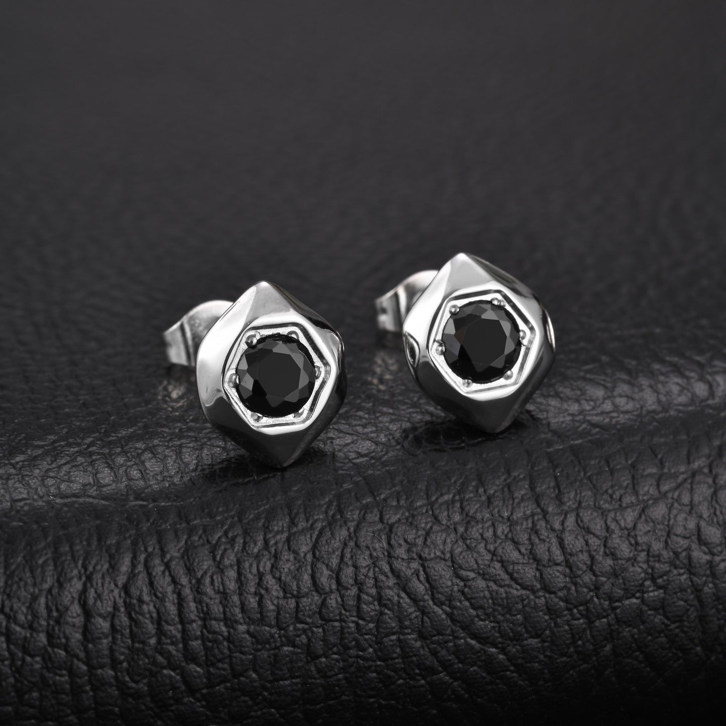 Kemston Black Cubic Zirconia Hexagon Stud Earrings for Men Stainless Steel Minimal Geometric ES-796