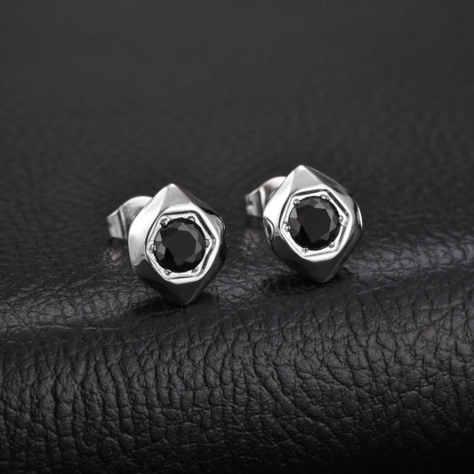 Kemston Black Cubic Zirconia Hexagon Stud Earrings for Men Stainless Steel Minimal Geometric ES-796