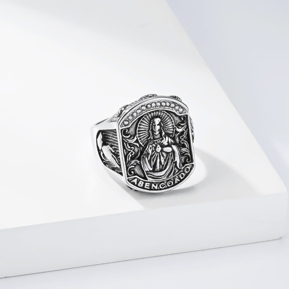 Kemston Baroque Engraved Signet Ring for Men Stainless Steel Gothic Vintage Relief Figure K-R1187