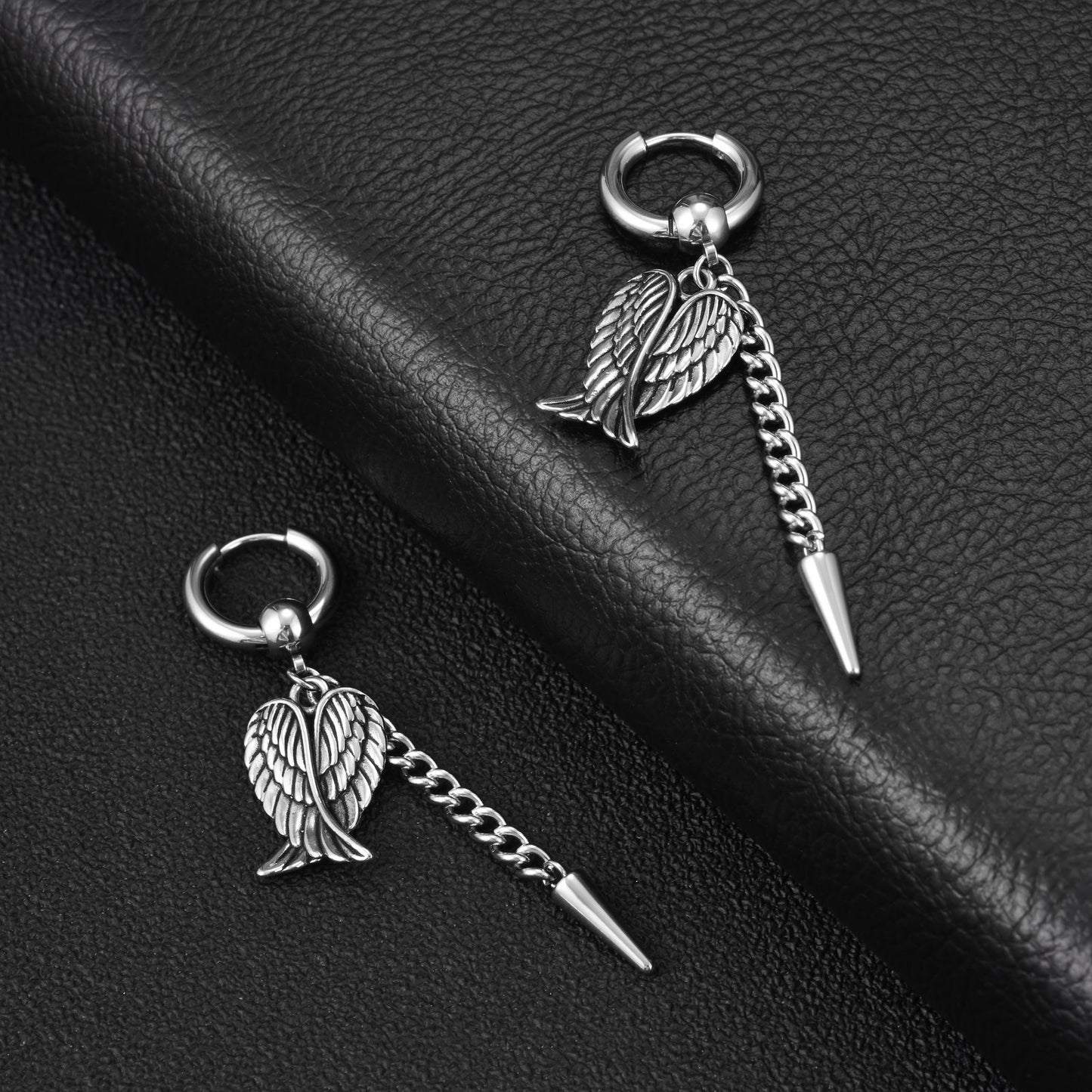 Kemston Stainless Steel Wing Chain Drop Earrings for Men Hip Hop Jewelry ED1109