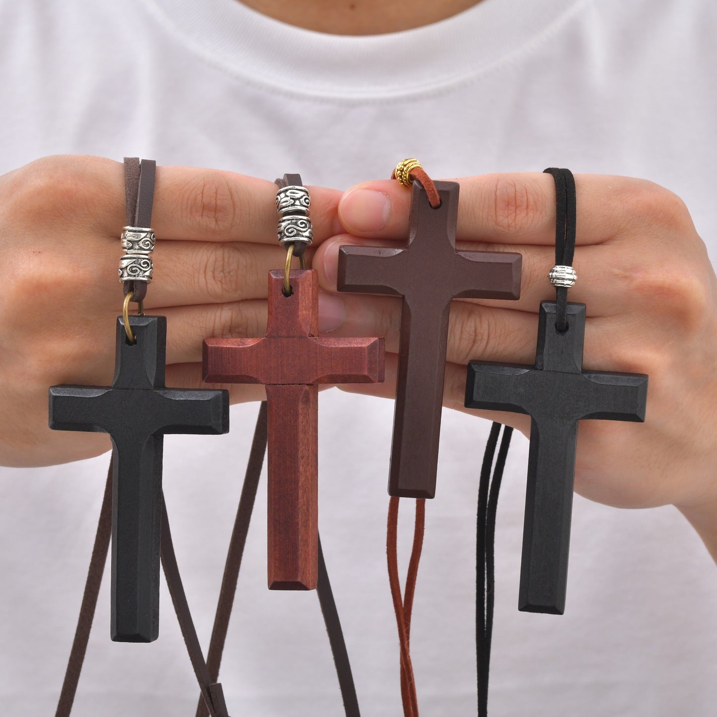 Kemston Wooden Cross Pendant Necklace for Men Adjustable Cord PN-1278