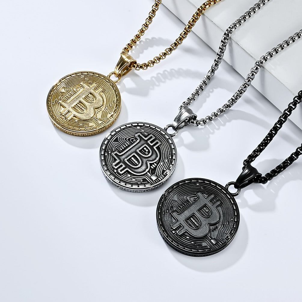 Kemstone Bitcoin Symbol Pendant Necklace for Men Stainless Steel Coin Style K-PT500