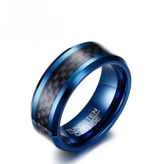 Kemstone Men’s Blue Tungsten Carbide Ring – 8mm Carbon Fiber Inlay, IP Blue Plating, Gothic Viking Band TCR-068