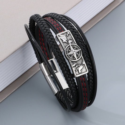 Kemstone Men’s Compass Bracelet – Stainless Steel Braided Leather Jewelry KB179994