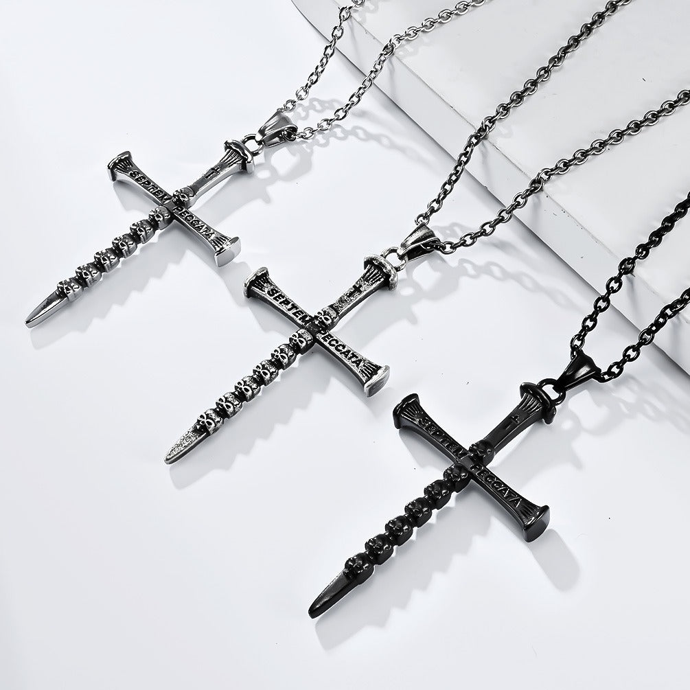 Kemstone Men’s Stainless Steel Skull Cross Necklace – Gothic Punk Pendant K-PT505