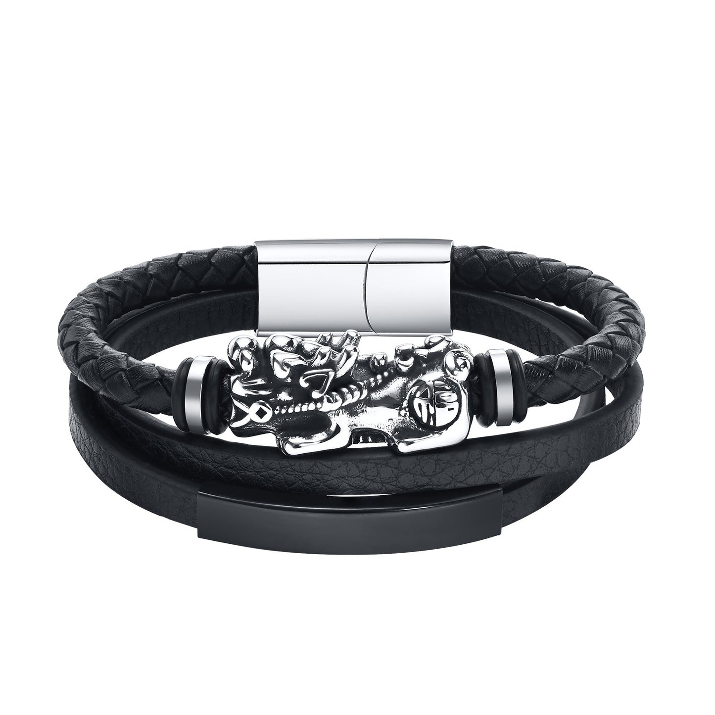 Kemstone Men’s Black Leather Bracelet – Triple-Layer Band with Stainless Steel Pixiu Charm BL-681