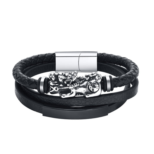 Kemstone Men’s Black Leather Bracelet – Triple-Layer Band with Stainless Steel Pixiu Charm BL-681