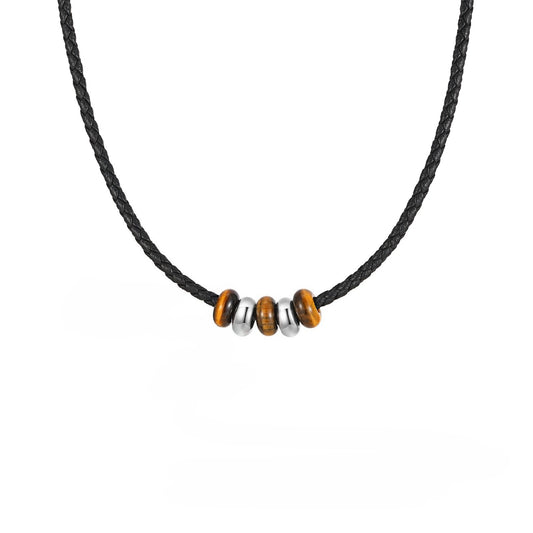 Kemstone Men’s PU Leather Necklace – Black Cord with Tiger Eye & Stainless Steel Beads NC-2405