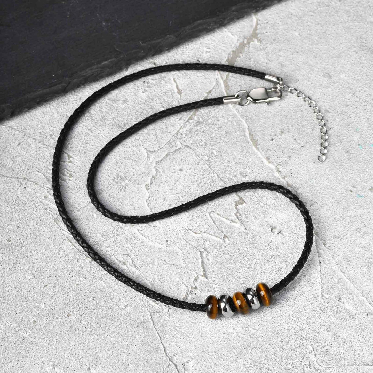 Kemstone Men’s PU Leather Necklace – Black Cord with Tiger Eye & Stainless Steel Beads NC-2405