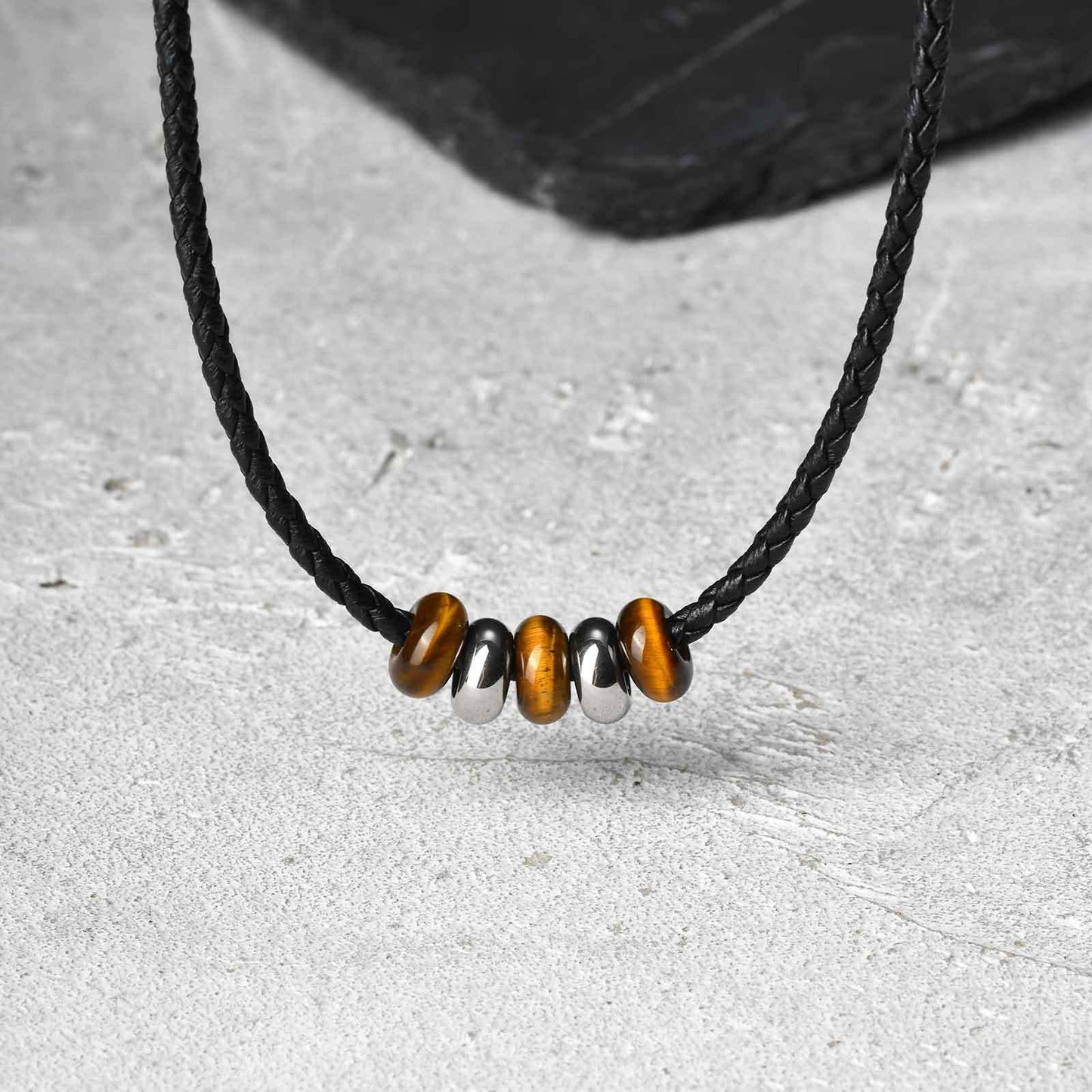Kemstone Men’s PU Leather Necklace – Black Cord with Tiger Eye & Stainless Steel Beads NC-2405