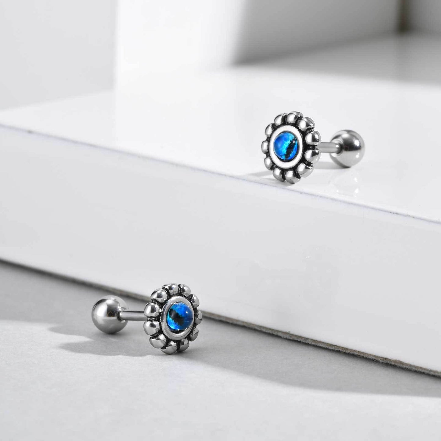 Kemstone Stainless Steel Symbolic Resin Demon's Eye Stud Earrings for Men – Silver ES-749