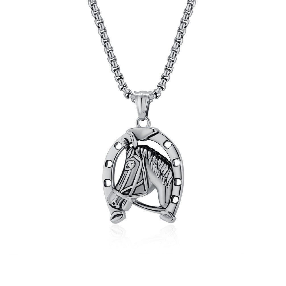 Kemstone Men’s Stainless Steel Horse Head Horseshoe Necklace – Gold/Silver K-PT606