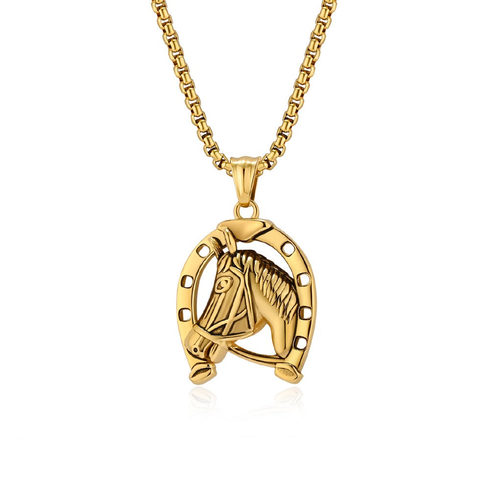 Kemstone Men’s Stainless Steel Horse Head Horseshoe Necklace – Gold/Silver K-PT606