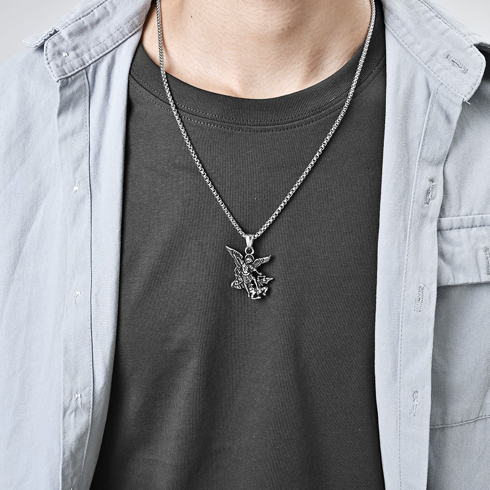 Kemstone Saint Michael Necklace – Titanium Steel Archangel Pendant for Men K-PT517