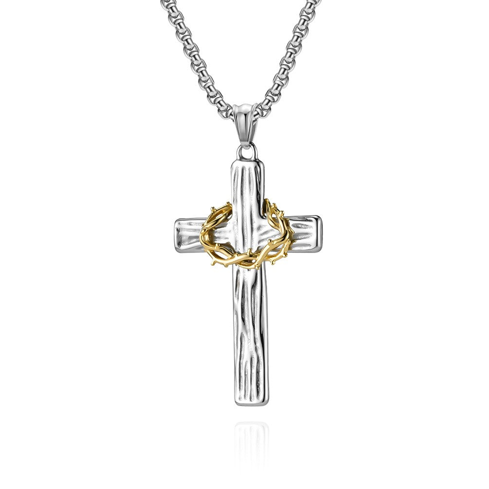 Kemstone Men’s Titanium Steel Cross Necklace – Vintage Wreath Pendant K-PT530
