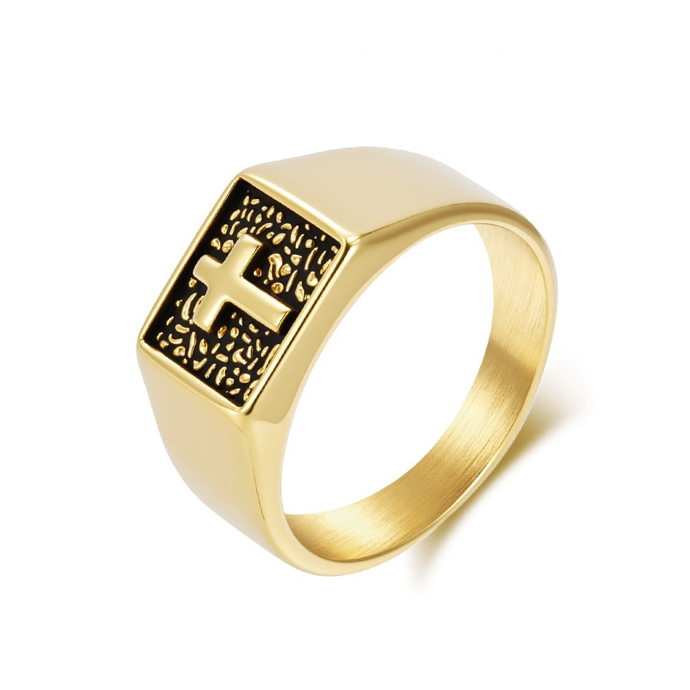 Kemstone Men’s Titanium Steel Cross Signet Ring – Silver, Gold, Black K-R1047
