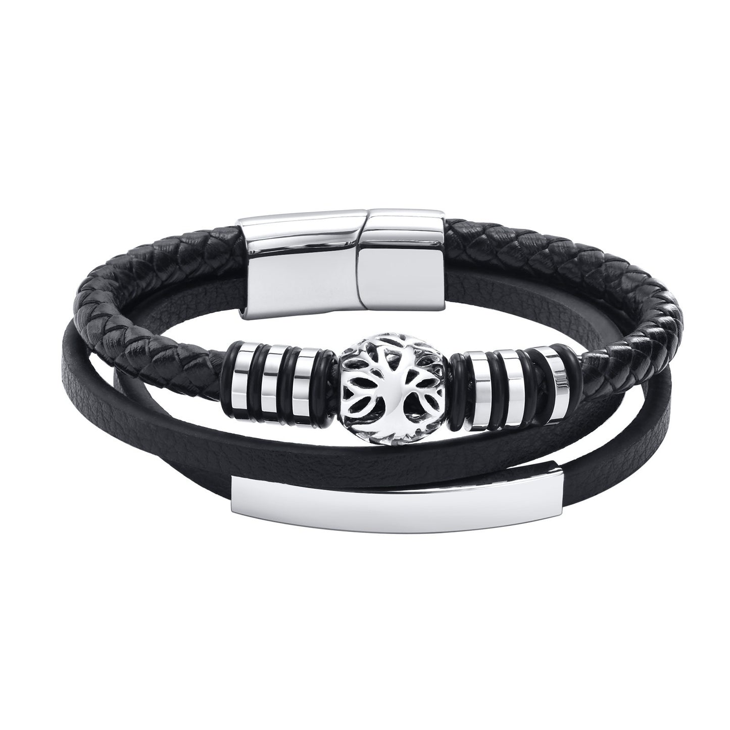 Kemstone Men’s Layered Microfiber Leather Bracelet – Stainless Steel Tree of Life Plate BL-650