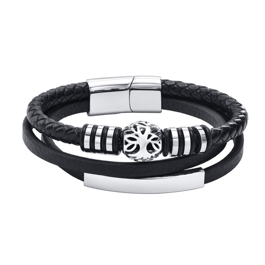 Kemstone Men’s Layered Microfiber Leather Bracelet – Stainless Steel Tree of Life Plate BL-650