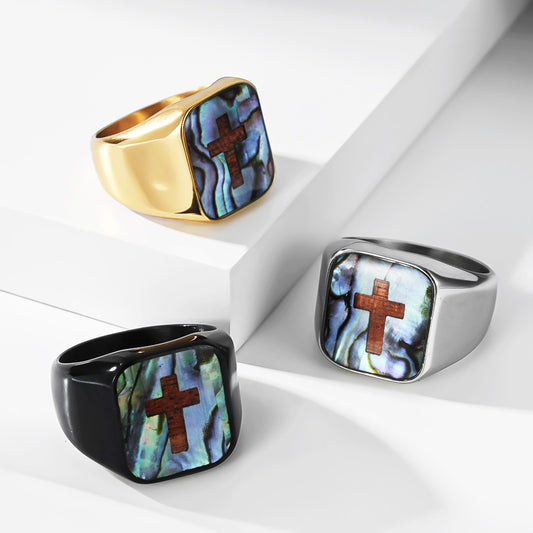 Kemstone Abalone Shell Cross Signet Ring for Men Stainless Steel K-R1239