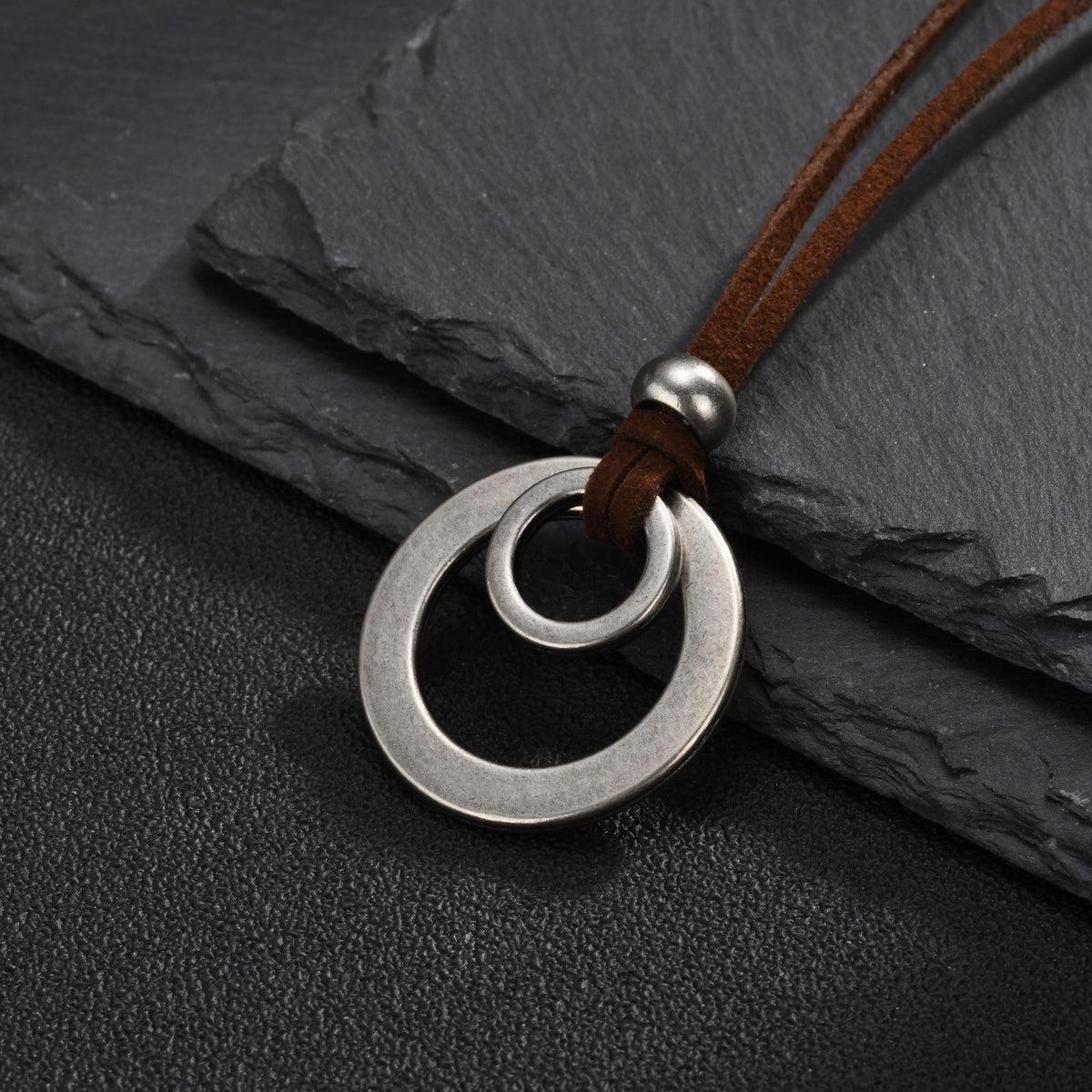 Kemstone Double Ring Pendant Necklace for Men Stainless Steel Brown Cord NC-3022