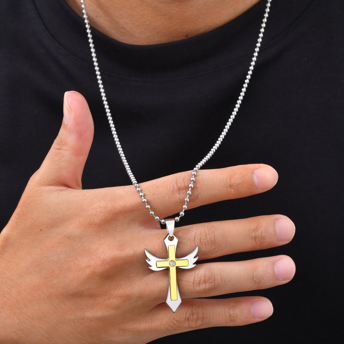 Kemstone Winged Cross Pendant Necklace for Men Two Tone NC-3031