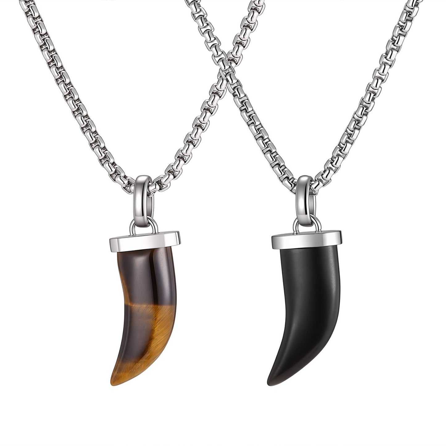 Kemstone Horn Pendant Necklace for Men & Women Stainless Steel Tiger Eye Black Agate PN-2438